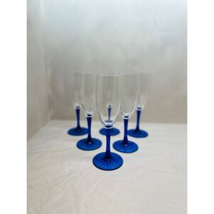 Set of 6 Vtg Libbey Domaine Champagne Flutes Cobalt Blue Stem and Base
